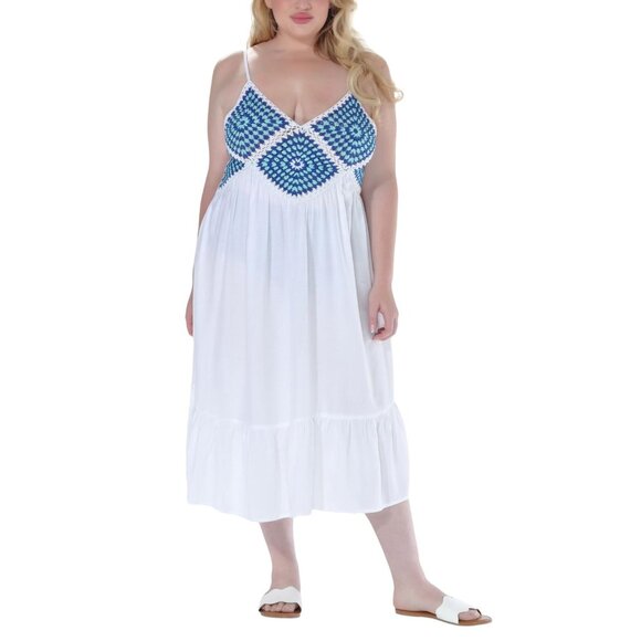 NWT Raviya Womens Plus Size Crochet Flounce-Hem Cover Up 76613X White / Blue 2X - Picture 1 of 8